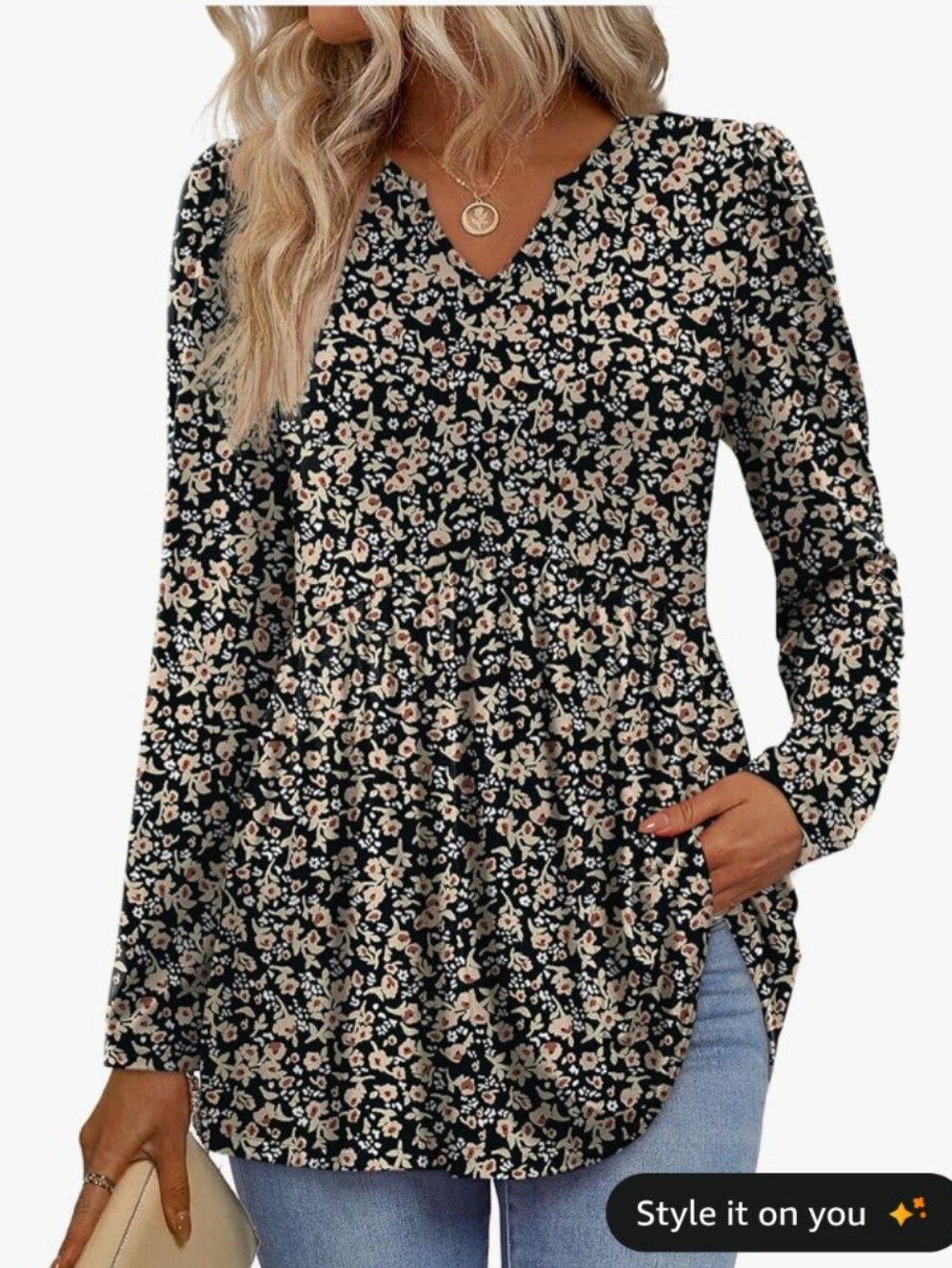 Women's V Neck Tunic Blouse With Floral Print XL